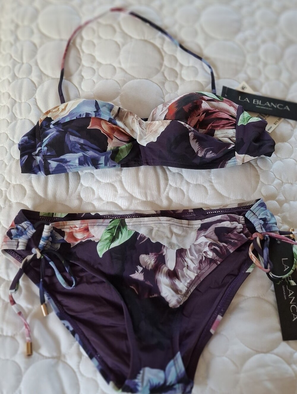NWT La Blanca Bandeau/Hipster Bikini Womens Size 4 Plum Floral Beachy Resortwear